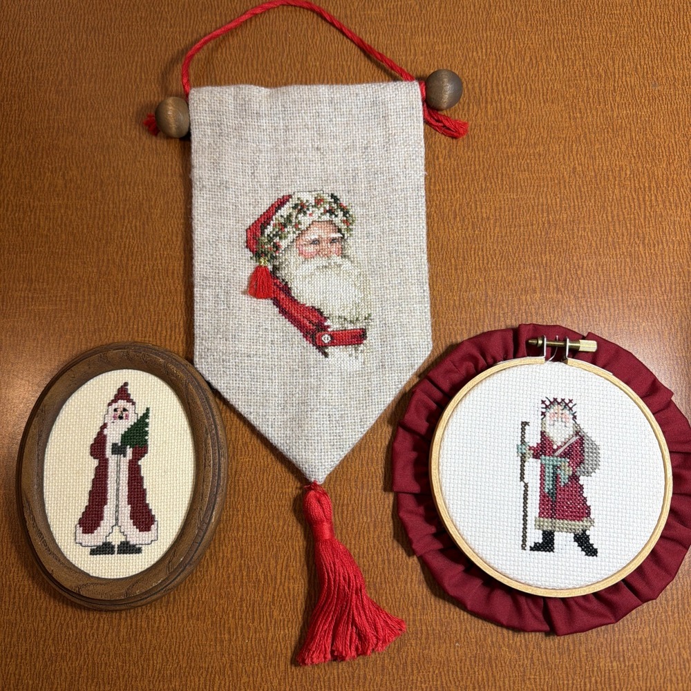 Vintage Set Of 3 Christmas Santa Finished Cross Stitch Hangings Gallery Wall